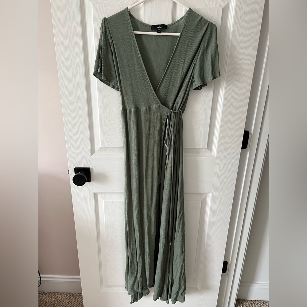 Lulu’s Much Obliged Washed Olive Green Wrap Maxi Dress